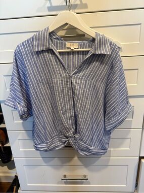 Kut from the Kloth Blue and White Striped Button-Front Blouse